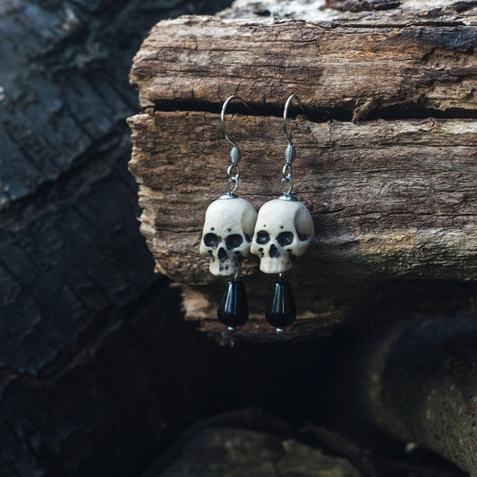 Human skull earrings with black beads – gothic jewelry Riga
