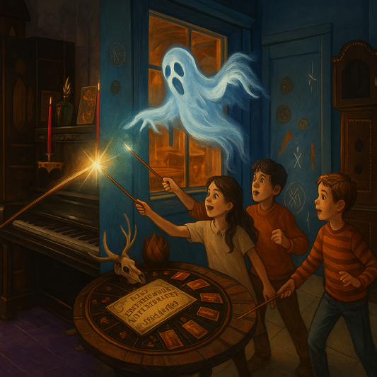 Bērni ar burvju nūjiņām cīnās ar spoku Weasgley Craft & Magic kvestā “Pazūdošā skapja noslēpumi” Rīgā.